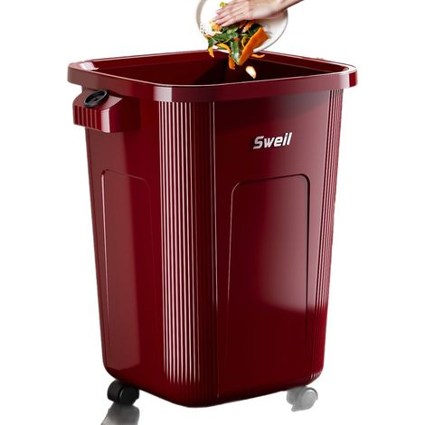 Poubelle cuisine grande capacité 50L sans couvercle couleur rouge cinabre Poubelle déchets alimentaires en plastique PP anti‑odeur, déplaçable grâce à ses roulettes, bague de blocage sac poubelle pou (1/3)