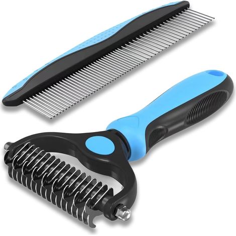 Set di 2 spazzole per cani e gatti, pettine districante professionale, denti in acciaio inossidabile, manico in TPR, pettine districante antistatico 2 in 1 – rimuove peli morti, nodi e forfora (blu)