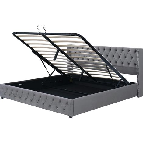 Letto contenitore imbottito grigio 160x200 cm con rete sollevabile, velluto, MODENUIT (1/5)