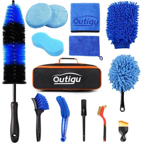 Kit de nettoyage voiture 14 pièces avec brosses intérieures et extérieures, sac de rangement (1/5)