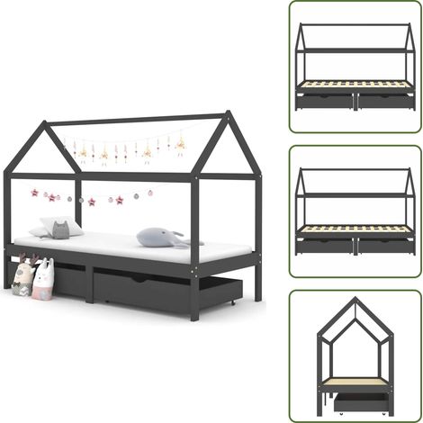 The Living Store Giroletto Bambini Cassetti Grigio Scuro Pino Massello 90x200 cm - Letto con cassetti