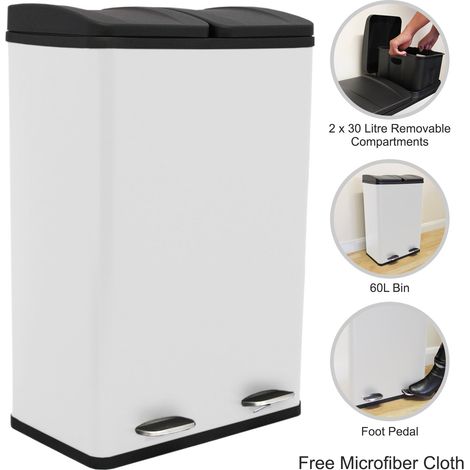 Doppel Tretmülleimer Edelstahl 60 L Mülltrennsystem Mülleimer Abfalleimer Weiß (1/5)