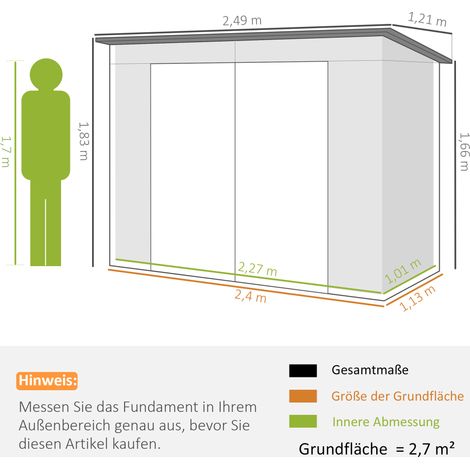 Stahlgartenschuppen, Geräteschuppen, Doppeltüren, 249B x 121T x 166/183Hcm, Grau (1/5)