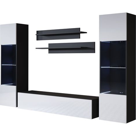 Ensemble de Meubles TV Mur de Rangement Meuble salon Suspendu avec LED Modèle Luke 9D Noir et Blanc Finition brillante