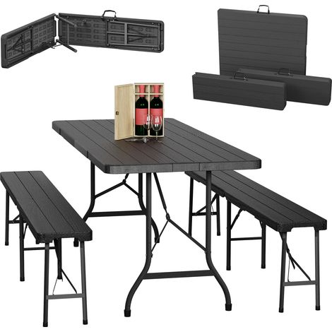 Relaxdays Bierzeltgarnitur klappbar, 3-tlg. Bierbank Set mit großem Tisch, Garten, Festzeltgarnitur, Holzoptik, schwarz (1/5)