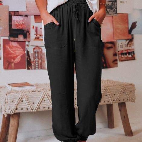 Pantalon fuselé pour femme, taille élastique avec cordon de serrage au dos, idéal pour le yoga, le jogging, l'entraînement et la randonnée. Noir, taille S. (1/5)