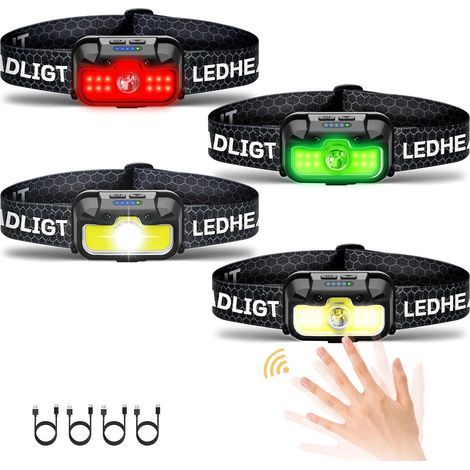 Wiederaufladbares Stirnlampenset (4-teilig), extra helle 500 Lumen rote Stirnlampe, wasserfeste Frontleuchte mit weißem und grünem Lichtstreifen, verstellbare Stirnlampe, ideal zum Campen. (1/5)
