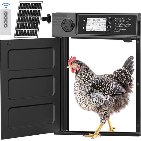 Porta automatica per pollaio ad energia solare con pannelli solari da 7W. Schermo LCD. Porta automatica per pollaio in alluminio con sensore di luce. Timer. Funzione anti-schiacciamento. (1/5)