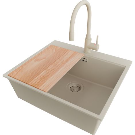 PRIMAGRAN Evier Cuisine en Granit 58x50cm,Lavabo 1 bac + Robinet 38x14cm + Kit de Vidage + Planche à Découper, Évier à Encastrer au meuble 60cm - Oslo, Beige (1/5)