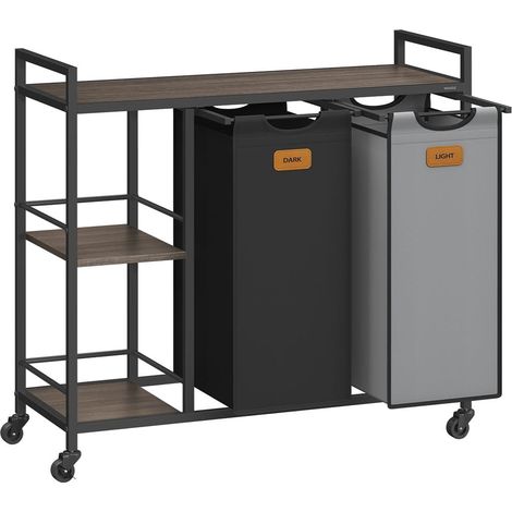 Cesto portabiancheria con 2 scomparti capacità 100 litri cestino con ruote carrello con ripiani sacco e tasche estraibili 6 etichette marrone nero grigio 120006651