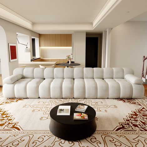 Canapé compressé 4 places 400x100x68 cm sans structure, sans montage, mousse haute résilience, assise profonde, tissu chenille blanc (1/5)