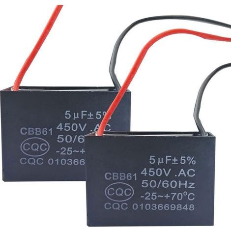 2Pcs Condensateur CBB61 450V AC 50/60Hz 6uF – Longueur câble 95mm – Idéal pour ventilateurs de plafond et climatiseurs (1/4)