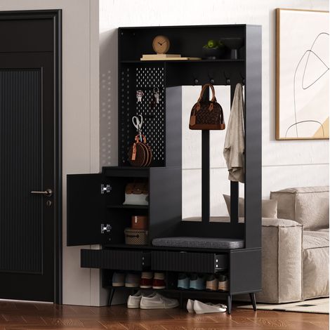 meuble rangement entree banc 100x35x180 MDF noir OKMYHOME (1/5)