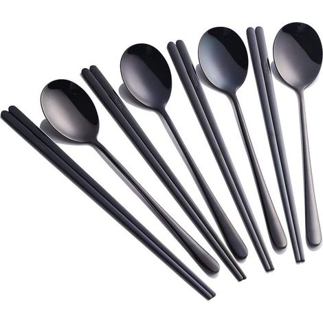 4 Ensembles cuillères et baguettes, acier inoxydable, électroplaqué, réutilisables, style coréen, pique-nique voyage (1/5)