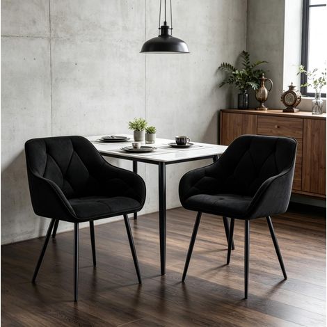 Juego de 2 sillas de comedor, tapizado de terciopelo, con respaldo ergonómico, metal, negro (1/5)