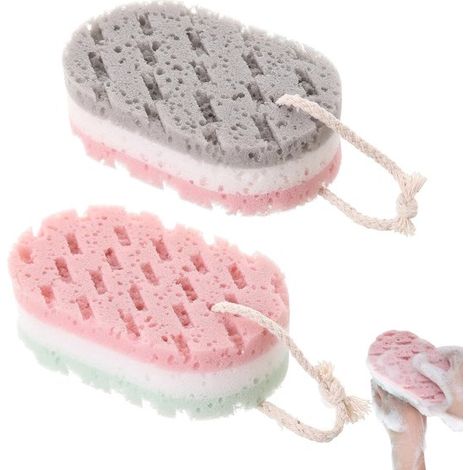 Dailygoods, Juego de 2 esponjas de baño, Construcción de tres capas, Esponja suave, Con cordón para colgar, Espuma rápida, Esponja de lufa (1/5)