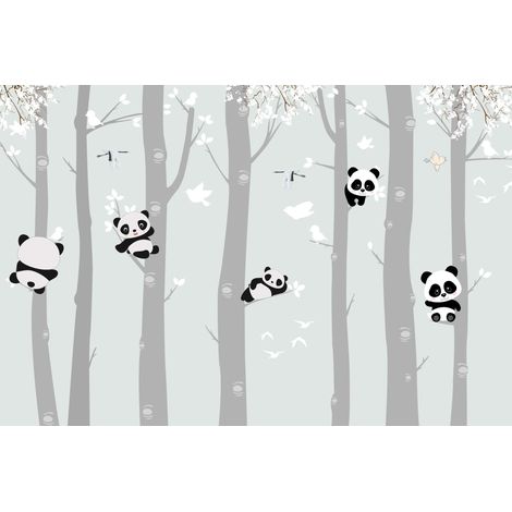Papel pintado infantil con fotos de lindos pandas en árboles y pájaros DWK332 300x200 (1/5)