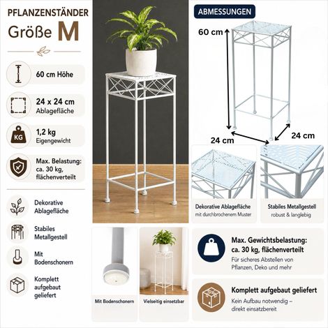 DanDiBo Blumenhocker Weiß Metall Eckig 60 cm Blumenständer 96314 M Beistelltisch Blumensäule Modern Pflanzenständer Pflanzenhocker