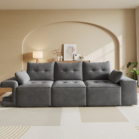 Sofá modular 229.5x78x84 cm gris en terciopelo con almacenaje y nichos acolchados para mascotas (1/5)