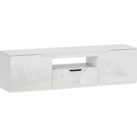 Meuble TV bas blanc 160 cm avec 2 portes, tiroir et gestion des câbles pour TV jusqu'à 65 pouces (1/5)