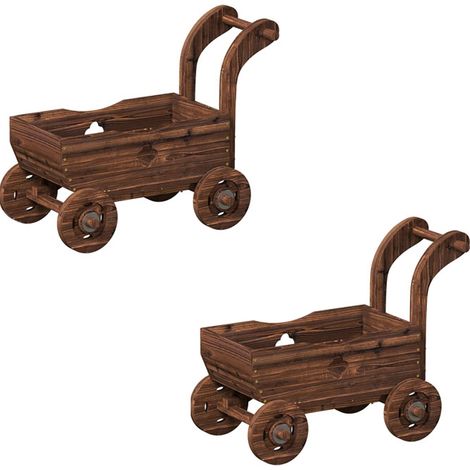 2er-Set hochbeet Holz, Pflanzbeet in Wagenform Frühbeet mit 4 Rädern Griff Gartenbeet 68 x 38 x 52cm