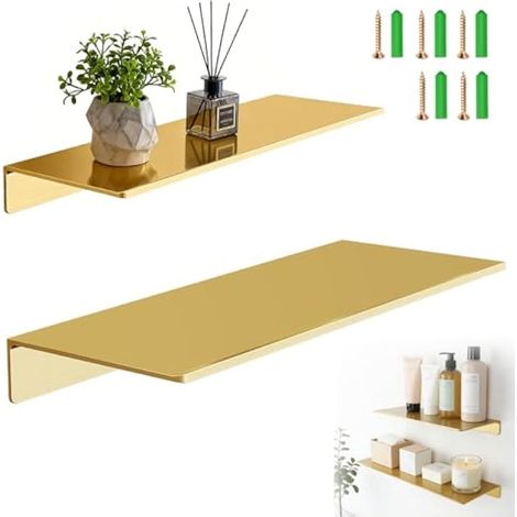 étagère Murale Doré, étagère Flottante en Métal Lot de 2 Etagere de Salle de Bain 40 cm et 30 cm Tablette Douche Doree Etagere sans Percage pour Chambre Salon de Bain Cuisine (1/5)