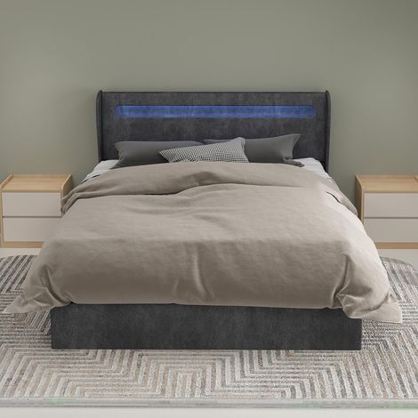 Lit rembourré moderne et minimaliste avec tête de lit souple intégrant un éclairage LED, 140 x 200 cm, gris, meuble de chambre multifonctionnel, sommier coffre haut avec mécanisme de levage à gaz