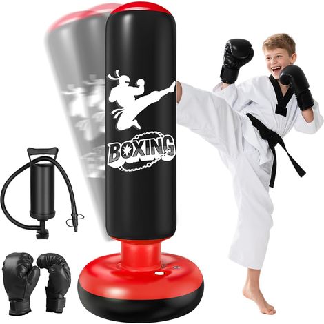 Sac de Boxe pour Enfants 6 à 12 Ans, 160cm Gonflable Sac de Frappe sur Pied, Sac de Boxe Set de Formation avec Gants, pour Garçons et Filles pour Karaté, Taekwondo (1/5)