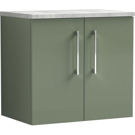 Nuie Arno Wall Hung 2-Door Vanity Unit with Bellato Grey Worktop 600mm Wide - Satin Green (1/5)