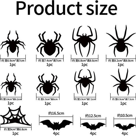 Décorations de fenêtre 3D Halloween araignées et chauves-souris LED clignotantes - Vente en gros - Emballage en boîte carton - 9 araignées + 12 chauves-souris