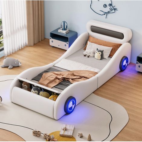Cama infantil coche 90x200 cm PU y MDF blanca con almacenaje sin colchón - CHICFURN (1/5)
