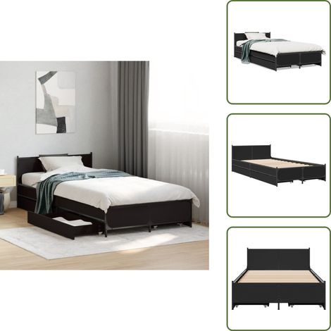 The Living Store Cadre de lit avec tiroirs sans matelas noir 75x190 cm - Lit Double - Cadre De Lit - Meuble De Chambre - Rangement Sous Le Lit - Tiroir Intégré