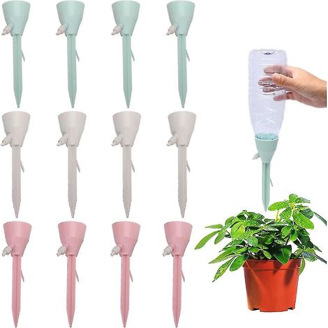 BEBUSINGOTO Paquete de 12 dispositivos de riego para plantas, púas de riego automáticas con interruptor de control de válvula (4 rosas + 4 verdes + 4 beige) (1/5)