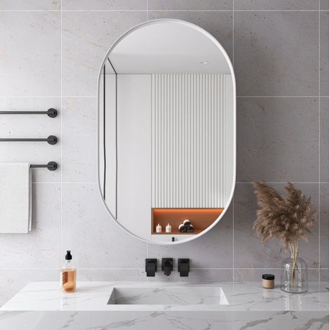 Badmöbel Spiegelschrank oval modern, Metall weiß, Wandmontage oder Unterputz, 2 verstellbare Glasböden (1/5)