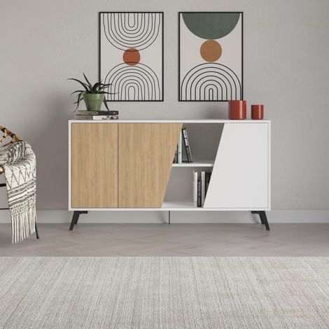 Madia Moderna Credenza Fiona 150x36x82 cm Design Anta Obliqua Bianco e Quercia (1/4)