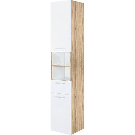 Armoire haute ESTRA 2 portes 1 coulissant Chêne noueux et blanc vitrifié Butée gauche 350x1850x370 mm