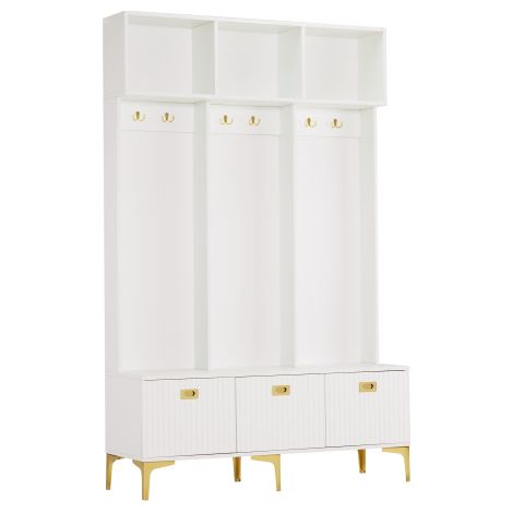 Ensemble entrée blanc banc rangement 6 crochets dorés 120×40×191 cm