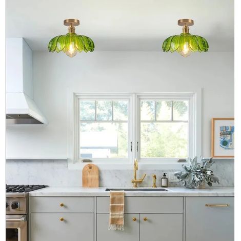 2x Plafonnier Vintage,Lampe de Plafond Moderne Abat-jour en Verre Design Fleurs Vert Lustre Style Nordique pour Salon Chambre (1/5)
