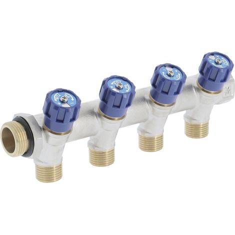 Collecteur mâle-femelle 3/4'' (20/27), 4 départs mâle 1/2'' (15/21), vanne bleue, pour sanitaire