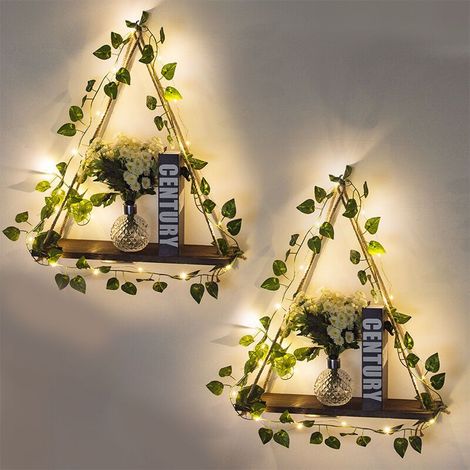 Lot de 2 étagères Suspendues en Macramé Lierre Artificiel Bande LED étagère Flottante Bois Murale Deco Macrame Mural Etagere Murale Enfant Etagere pour Chambre à Coucher Salon (1/5)