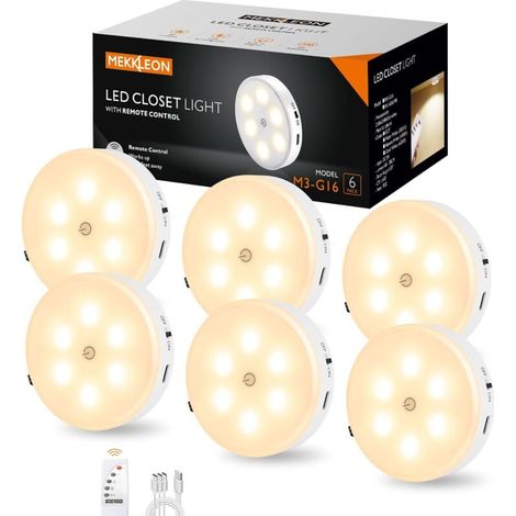 Lot de 3 lampes rondes avec télécommande, 1 000 mAh rechargeables, pour dessous d'armoire, lampes LED de placard, lumières à coller sans fil pour dessous d'armoire,couloir, escalier 6pcs (1/4)