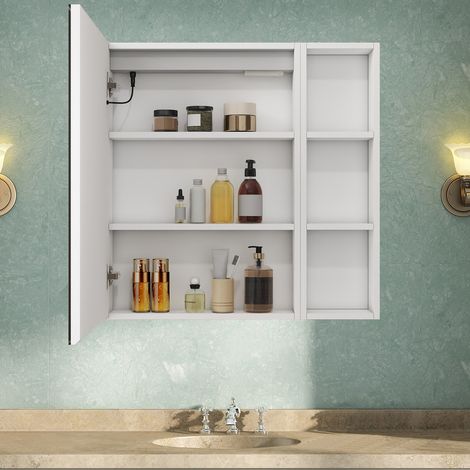 AVER-GROWTH 600mm White Wall Mount LED Bathroom Mirror Cabinet, Flexible Adjustable Internal Shelves, 3 Color Dimmable Lights with Shaver Socket (1/5)