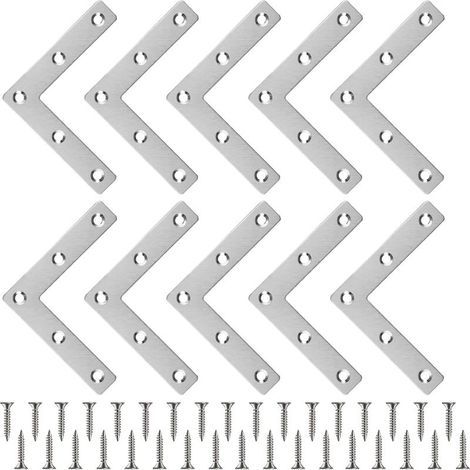 10 Pcs Equerre Plate Équerre Angle en Forme de L Connecteur Métallique Plat + 50 Vis Connecteurs d'Angle en Acier Inoxydable Equerre Fixation Plate 808015mm pour Fixation Meuble Menuisier Chais (1/5)