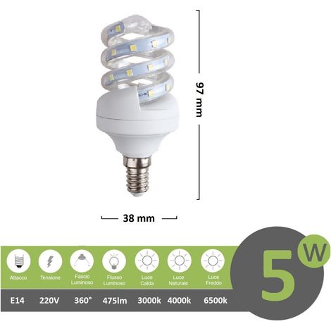 Lampadina led 5w E14 spirale attacco piccolo luce calda 3000k naturale4000k fredda bianca 6500k calda 3000k (1/2)