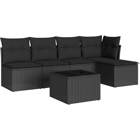 Salon de jardin 6 pcs avec coussins noir résine tressée (1/3)