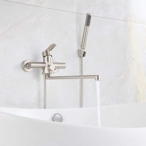 Robinet de baignoire avec douche à main, mitigeur de douche à main rond à poignée unique, robinet de douche mural en acier inoxydable brossé pour salle de bain (longueur de sortie : 35 cm) (1/5)