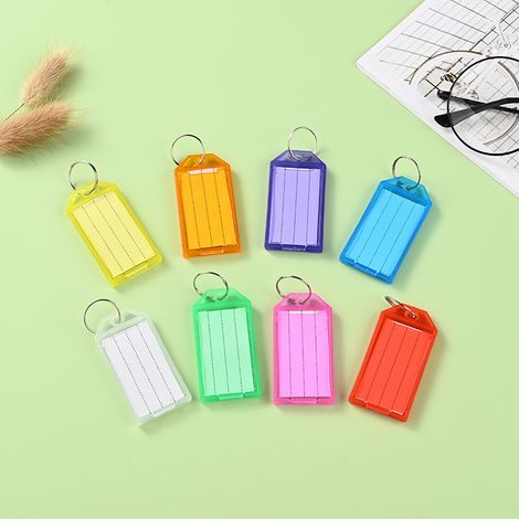 Paquete de 40 llaveros de plástico de 5 cm con etiquetas de papel rayado en blanco, identificadores de artículos, 8 colores