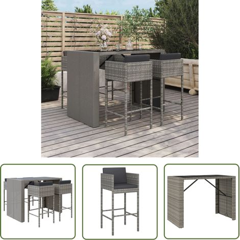 The Living Store Ensemble de bar de jardin 5 pcs avec coussins gris poly rotin - Salon De Jardin - Mobilier De Jardin - Set De Bar Extérieur - Table De Bar - Chaises De Bar (1/5)