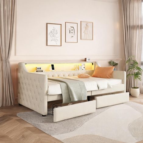 Cadre de lit beige en lin 214 x 106 x 78,5 cm (1/5)