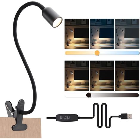 Lampe de Lecture de Lit à Pince, Lampe de Bureau LED avec 4 Températures de Couleur, Variateur, USB avec Câble Noir pour Étudier Lire Travailler (1/4)